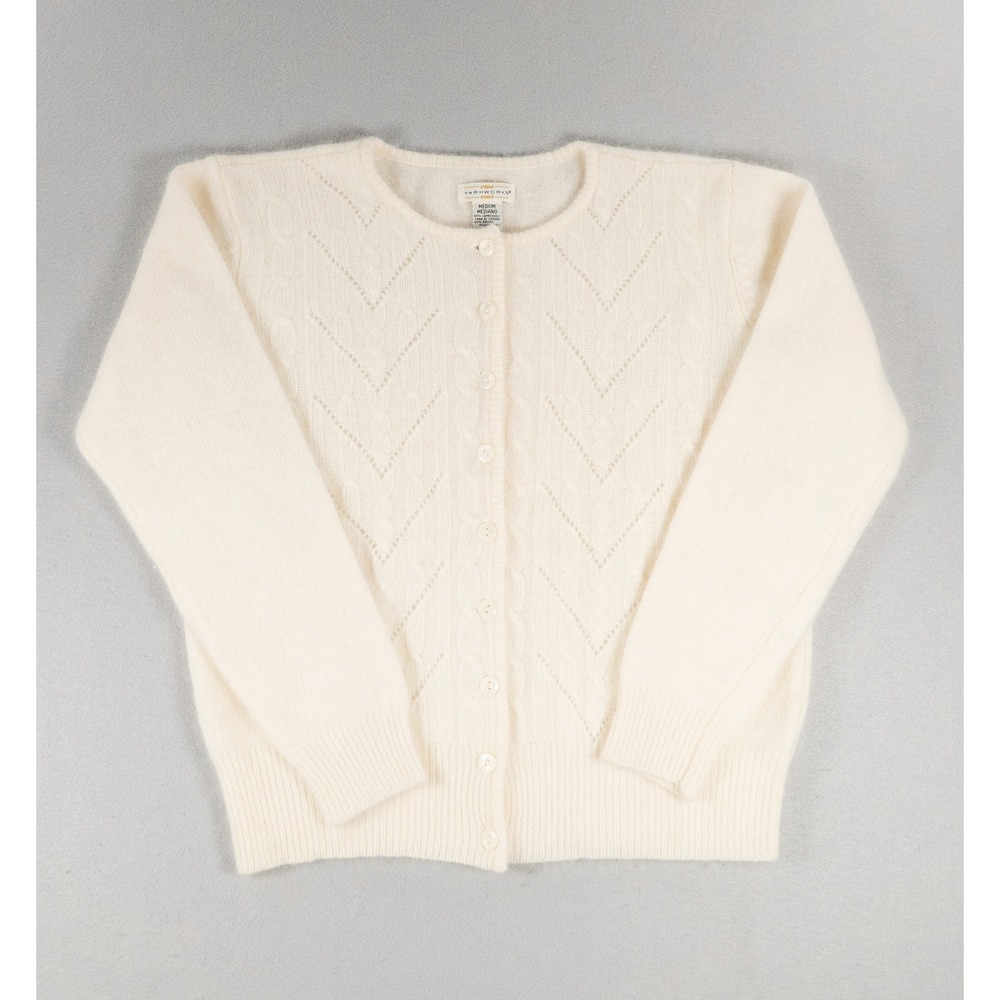 Vintage Yarnworks Angora Lambswool Cable Knit Cardigan M Ivory Button Front